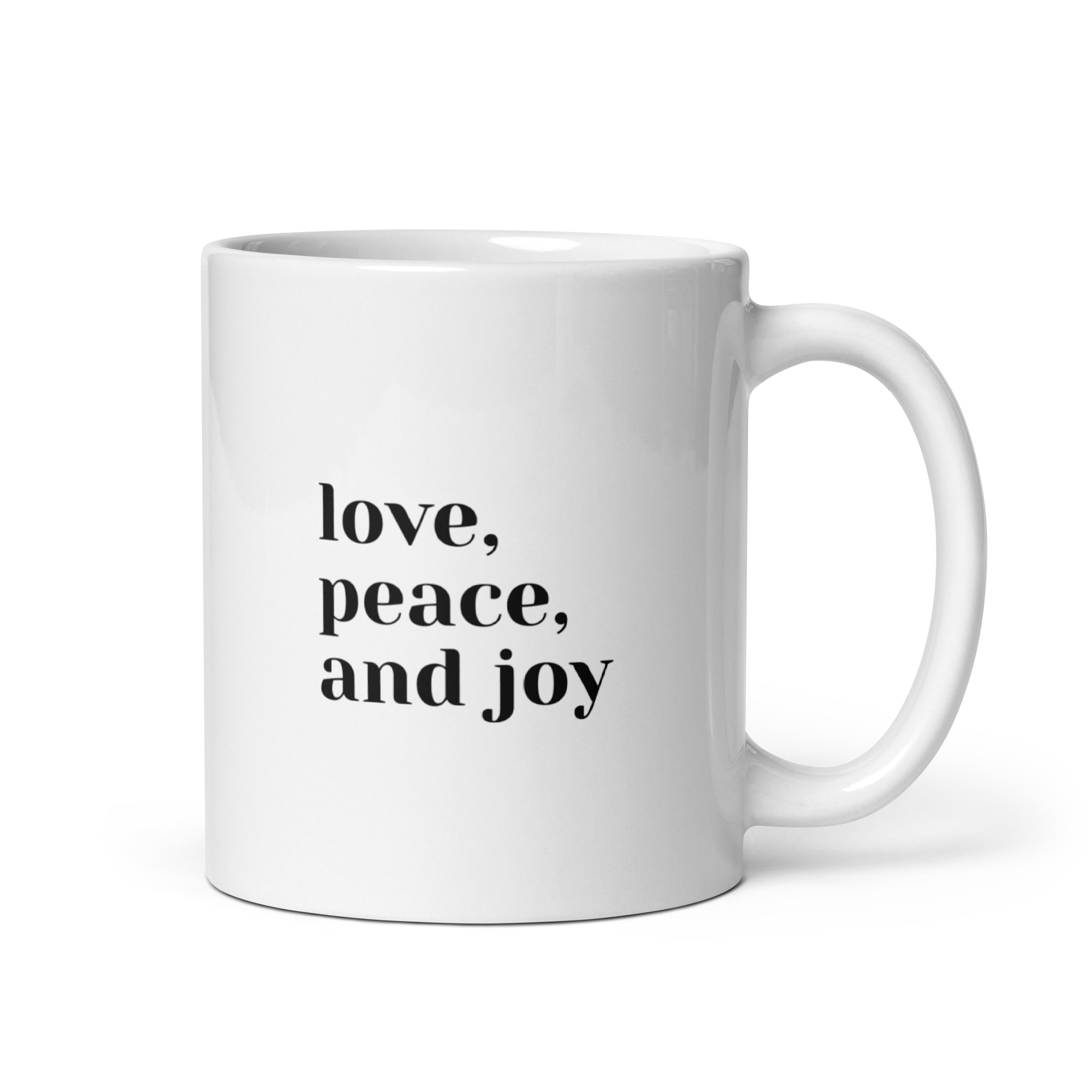 White Glossy Mug - LOVE PEACE JOY - Image 2